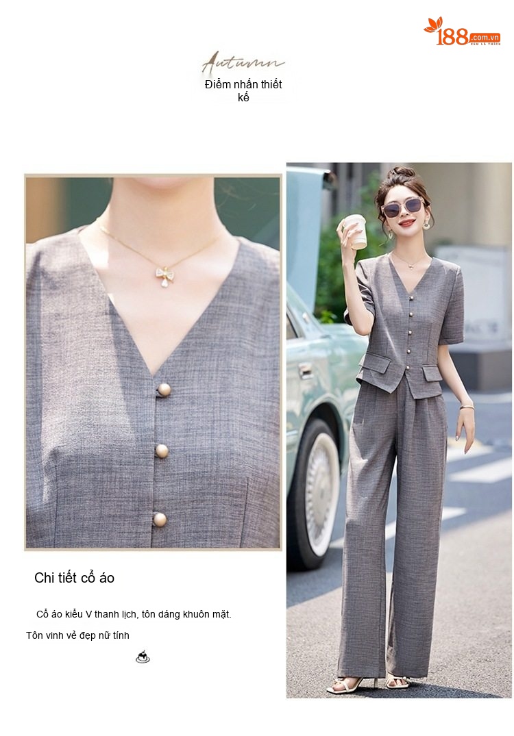 Bộ Quần Áo Nữ Cotton Linen Thiết Kế Áo Vest Tay Ngắn Quần Ống Rộng Phong Cách Thanh Lịch Màu Be, Xám chi tiết 7