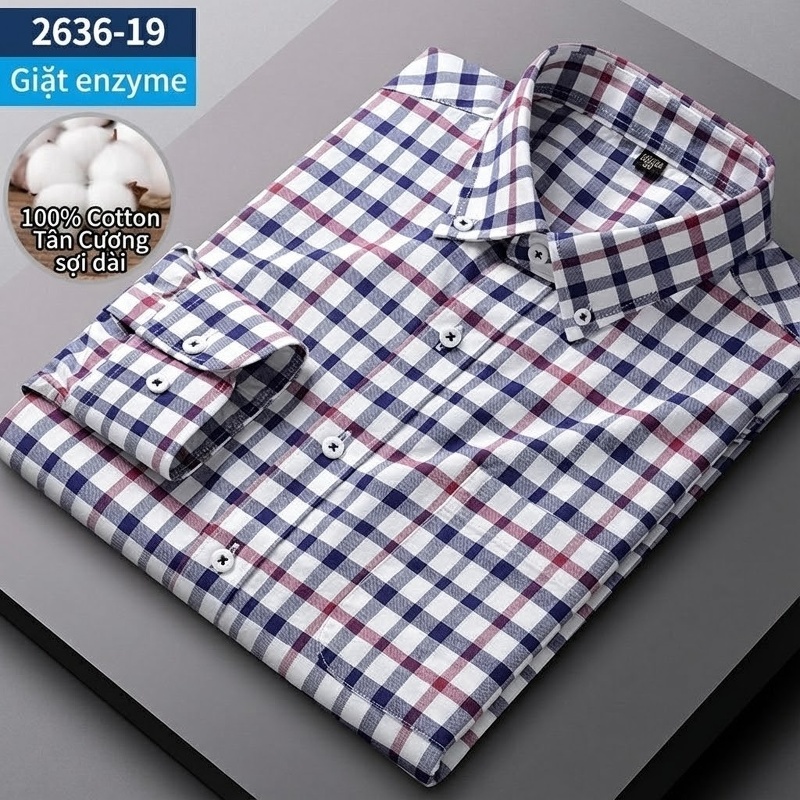 Áo Sơ Mi Nam Tay Dài Cotton Oxford Giặt Nước Kẻ Caro Mặc Đơn Giản Lót Trong Công Sở Màu Trắng, Xanh Dương, Xám, Hồng...
