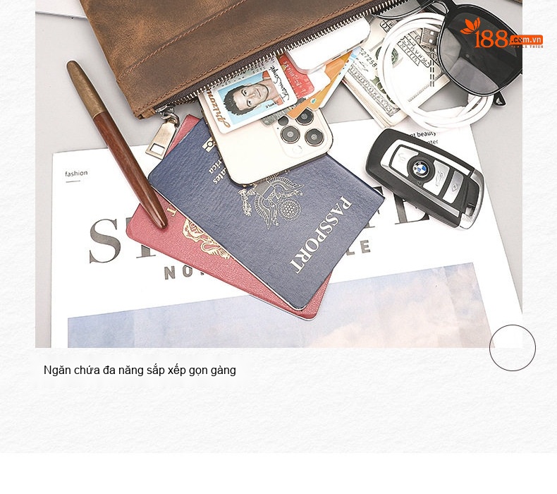 Ví Cầm Tay Nam/Nữ Phong Cách Retro Da Mờ Màu Nâu chi tiết 5
