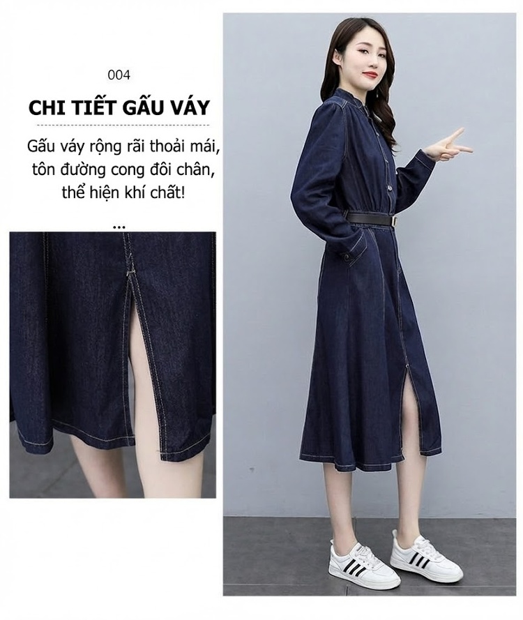 Váy Dài Tay Nữ Denim dáng chữ A Cổ Điển Thanh Lịch chi tiết 7