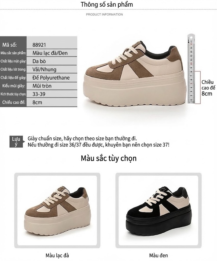 Giày Thể Thao Nữ Đế Xuồng Chiều Cao Đế Khoảng 6cm Phối Màu Phong Cách Đức Màu Trắng, Nâu, Đen chi tiết 5