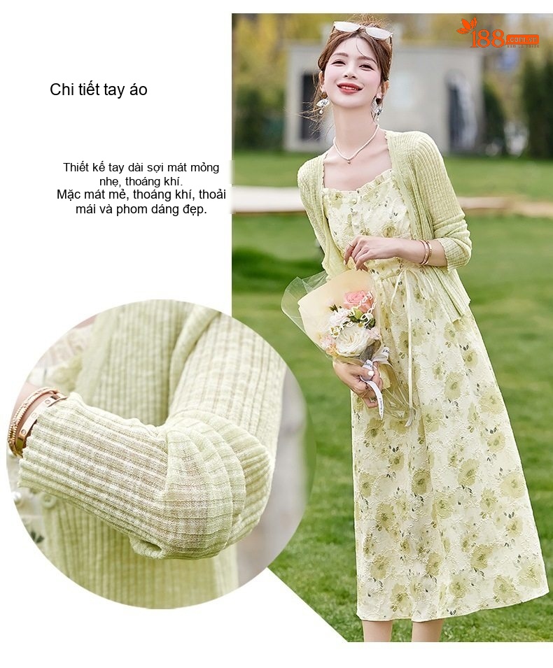 Váy Hai Dây Nữ dáng chữ A Chiết Eo Họa Tiết Hoa Nhỏ Kèm Áo Khoác Cardigan Dệt Kim Màu Xanh Nhạt chi tiết 6