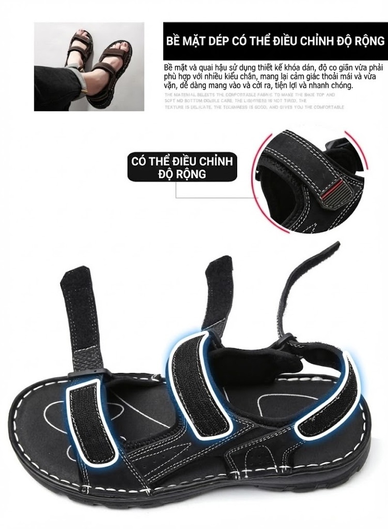 Dép Sandal Nam Xỏ Ngón Da Mờ Quai Dán Chiều Cao Đế Khoảng 3cm Màu Đen, Nâu, Xám, Rêu... chi tiết 9