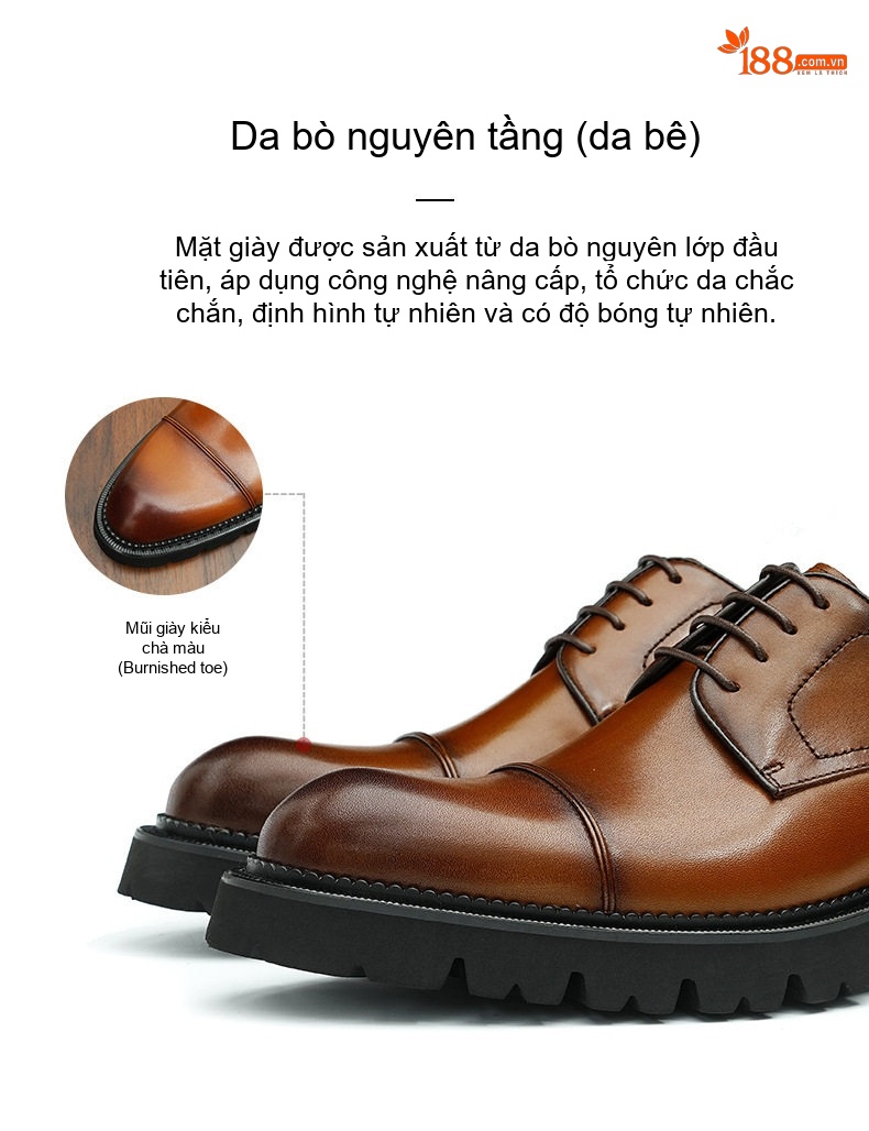 Giày Tây Buộc Dây Nam Da Thật Đế Dày Chiều Cao Đế Khoảng 4cm Màu Đen, Nâu chi tiết 8