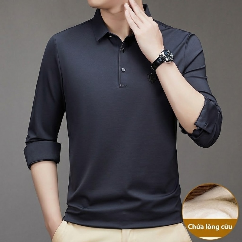 Áo Polo Nam Dài Tay Lông Cừu Mềm Mại Kiểu Dáng Business Màu Xanh Navy, Xám, Đỏ Gạch, Nâu...
