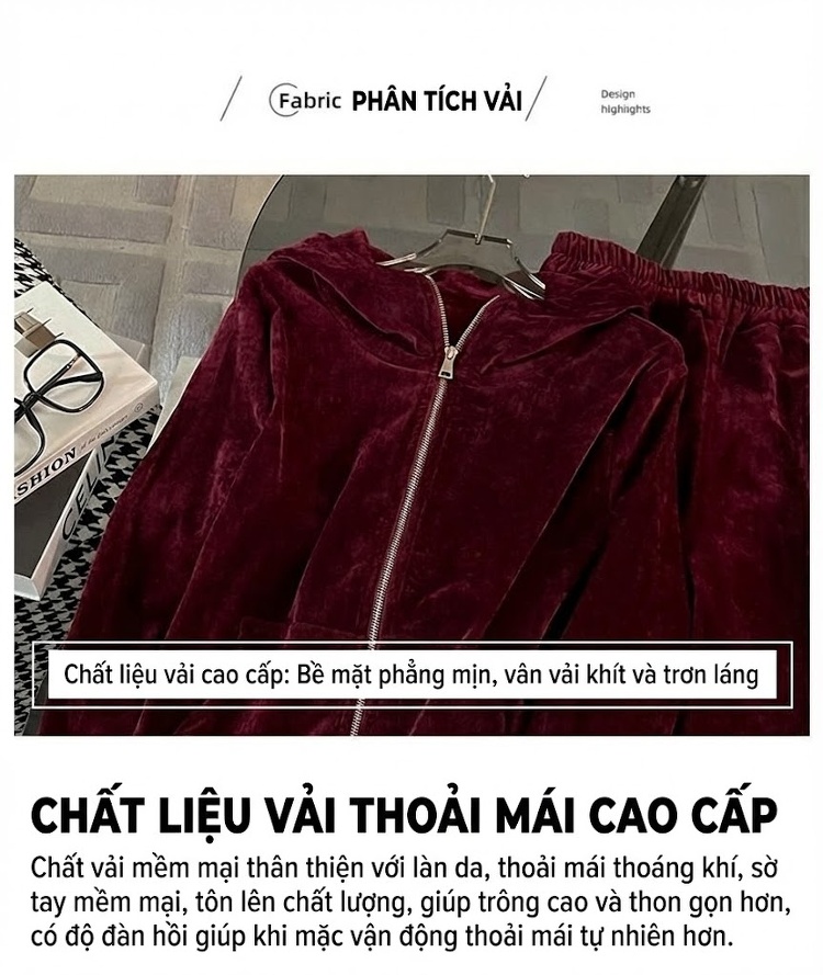 Bộ Đồ Thể Thao Nữ Áo Khoác Nhung Quần Ống Rộng Phong Cách Thời Trang Màu Đỏ Rượu, Xanh Navy chi tiết 5