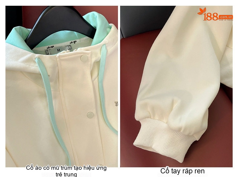 Bộ Quần Áo Thể Thao Nữ Áo Khoác Quần Ống Rộng Phong Cách Trẻ Trung Màu Kem, Xanh chi tiết 9