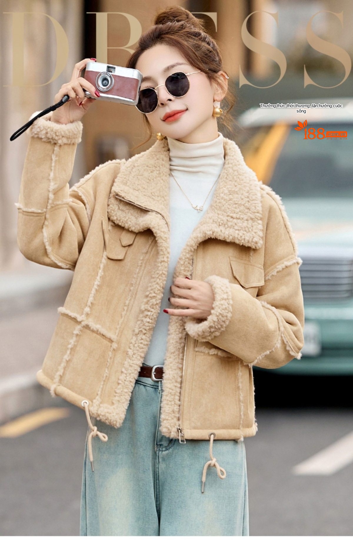 Áo Khoác Lông Cừu Non Nữ Lót Nhung Dày Dặn Kiểu Bomber Da Lộn Màu Be, Nâu chi tiết 2