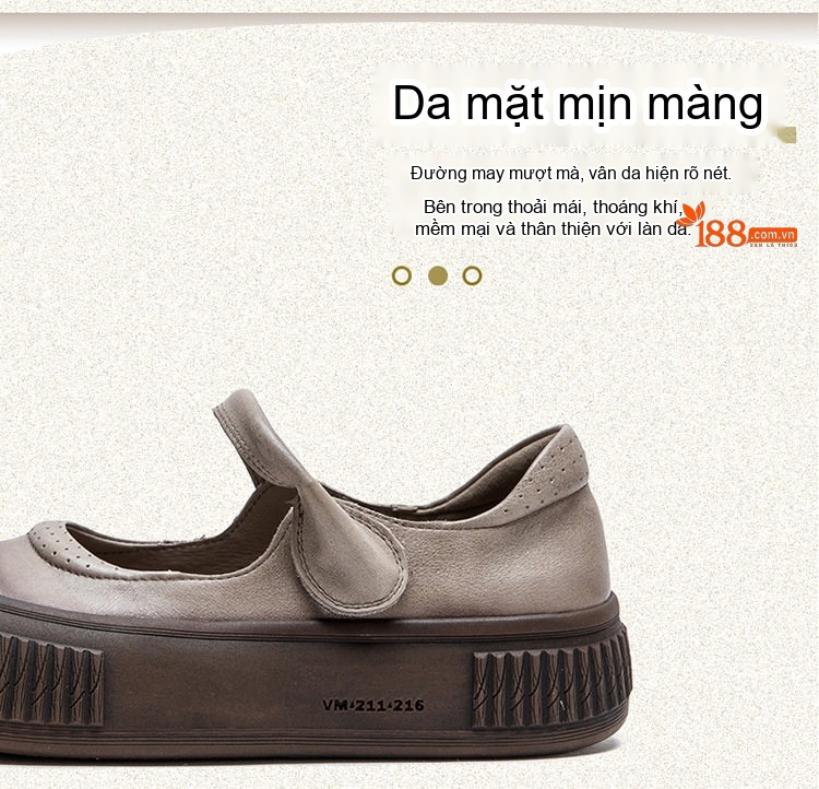 Giày Búp Bê Nữ Quai Dán Phong Cách Retro Chiều Cao Đế Khoảng 3cm Màu Nâu chi tiết 3