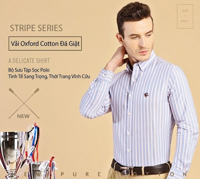 Áo Sơ Mi Nam Tay Dài Cotton Oxford Sọc Dáng Ôm Vừa Vặn Màu Xanh Dương, Trắng, Vàng, Hồng... chi tiết 1