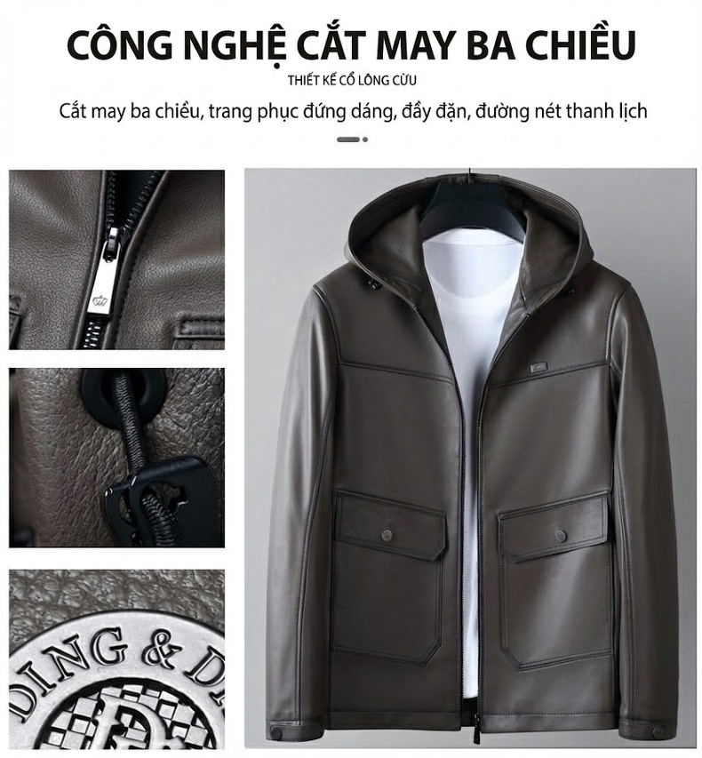 Áo Khoác Da Cừu Nam Có Mũ Trùm Đầu Dáng Ôm Thời Trang Màu Nâu, Đen chi tiết 6