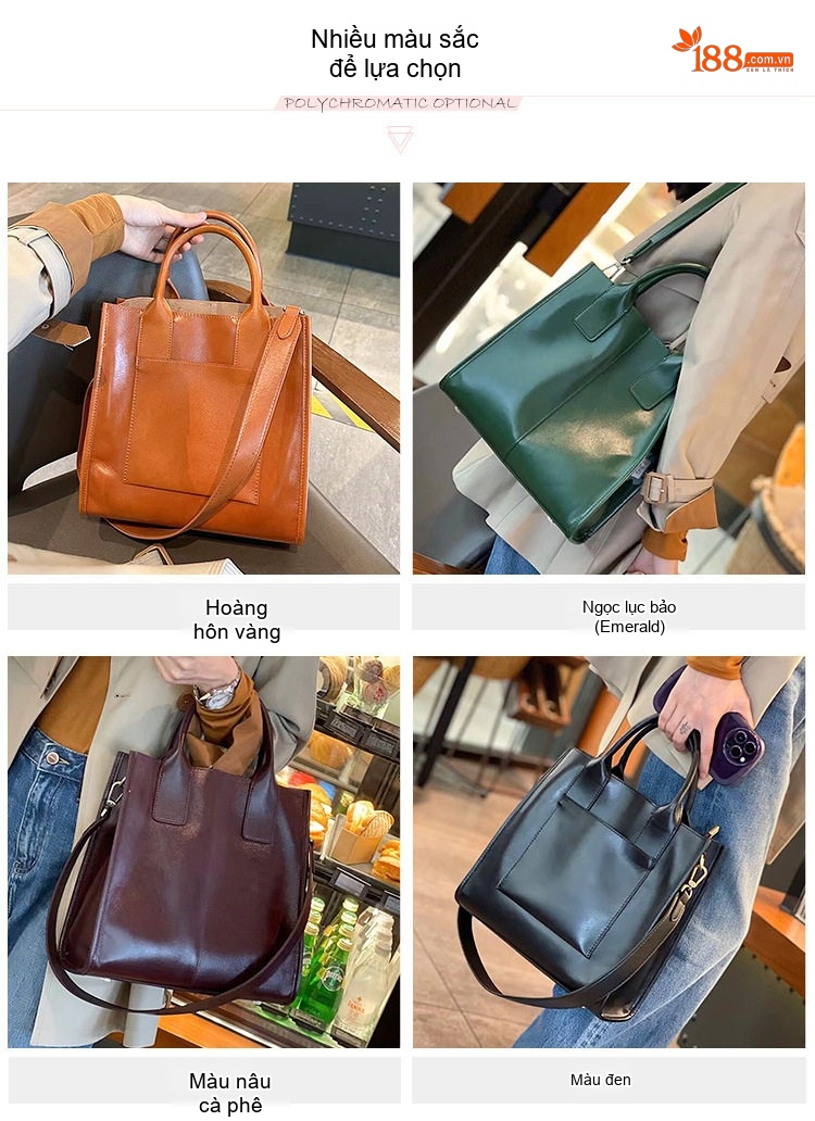 Túi Tote Da Thật Sức Chứa Lớn Đeo Vai/Đeo Chéo Công Sở Màu Nâu Đỏ, Cam, Xanh Lá, Đen chi tiết 2