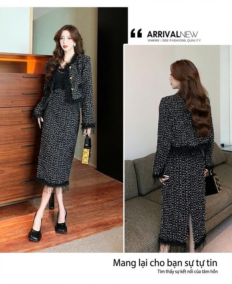 Set Áo Khoác Lửng và Chân Váy Tweed Phong Cách Tiểu Thư Viền Tua Rua Màu Trắng, Đen chi tiết 21