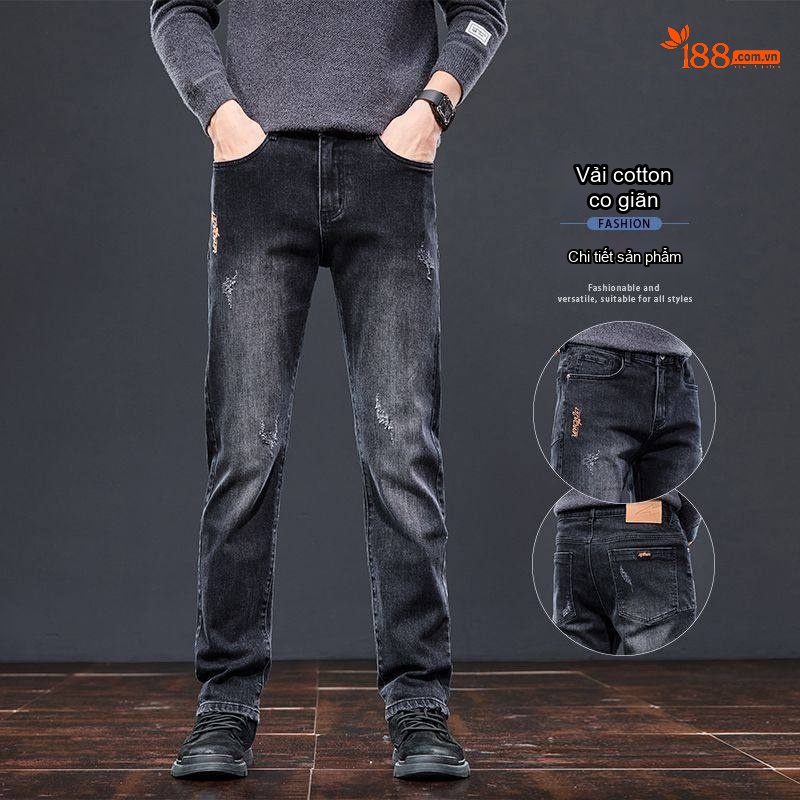 Quần Jean Nam Ống Đứng Cotton Co Giãn Nhẹ Phong Cách Casual Màu Xám Đen