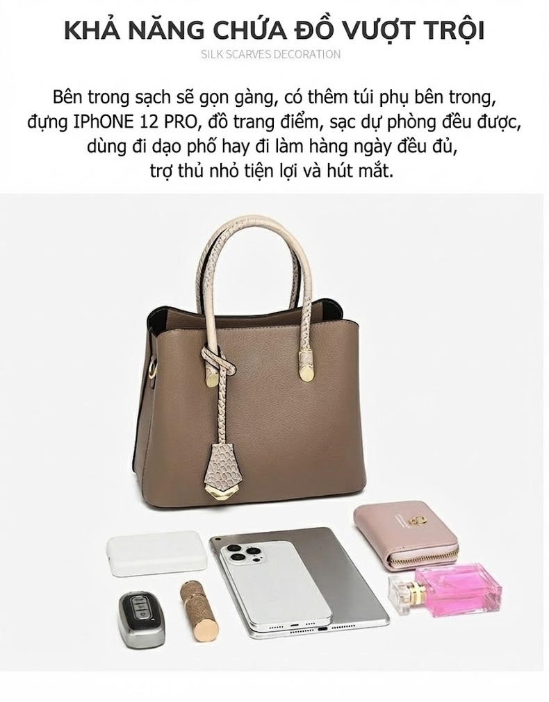 Set Túi Tote Nữ Vân Cá Sấu Lớn 3 Món Da Bóng Màu Đen, Xám, Xanh, Be chi tiết 5