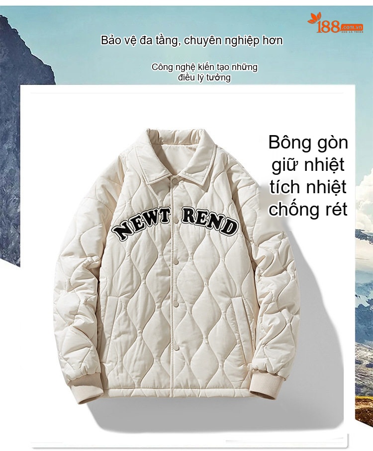 Áo Khoác Bông Nam Cổ Bẻ Họa Tiết Trám Thêu Chữ Phong Cách Casual Màu Đen, Trắng Kem chi tiết 3