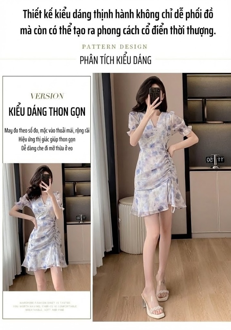 Váy Xòe Nữ Voan Hoa Nhí Tay Ngắn Cổ chữ V Chân Váy Bèo Nhún Eo Thun Dáng Ngắn Màu Trắng Xanh chi tiết 5