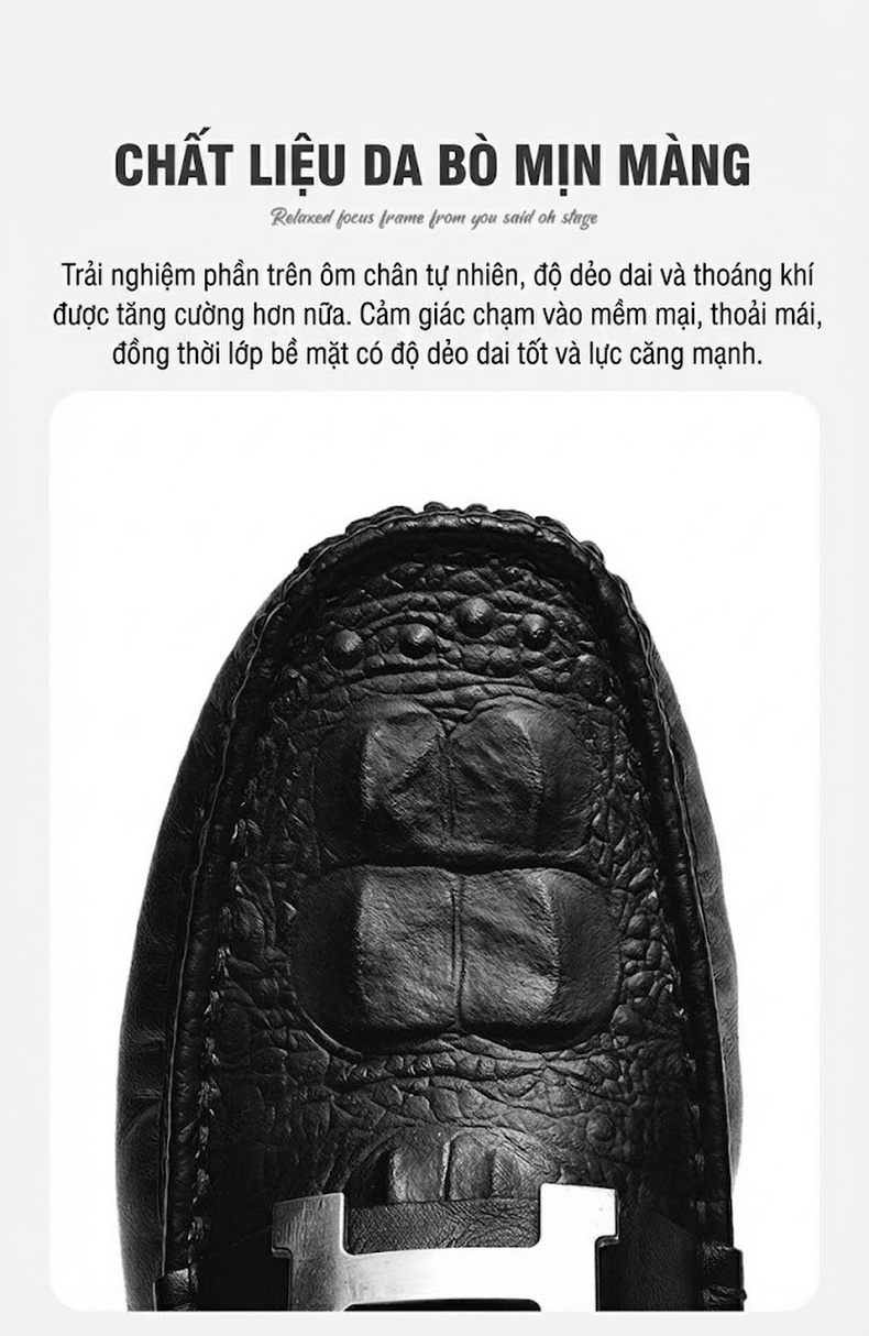 Giày Lười Nam Vân Cá Sấu Da Bò Chiều Cao Đế Khoảng 2cm Màu Đen, Nâu, Xám chi tiết 9