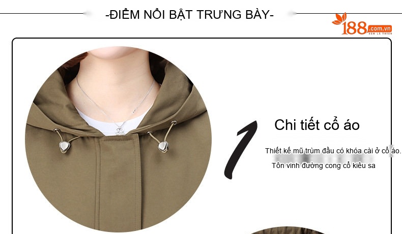 Áo Khoác Gió Dáng Dài Nữ Có Mũ Trùm Đầu Dây Rút Thon Gọn Phong Cách Hàn Quốc Màu Xanh Olive chi tiết 5