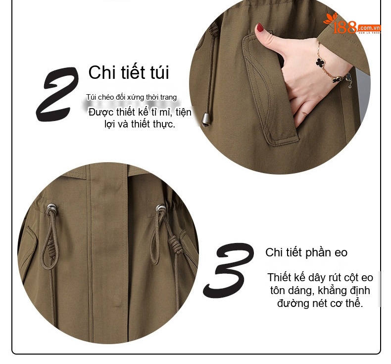 Áo Khoác Gió Dáng Dài Nữ Có Mũ Trùm Đầu Dây Rút Thon Gọn Phong Cách Hàn Quốc Màu Xanh Olive chi tiết 6