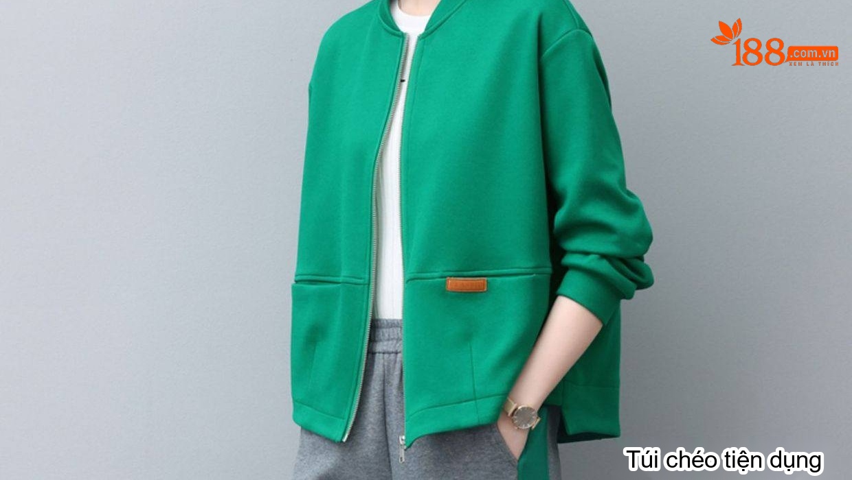 Bộ Đồ Thể Thao Nữ Thu Đông Áo Khoác Dáng Bomber Quần Dài Màu Xanh Lá, Cam, Xám, Đen chi tiết 7