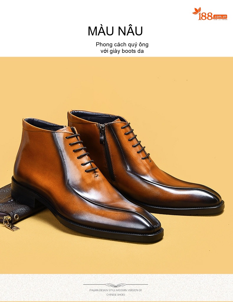 Boot Nam Da Bò Cổ Cao Giày Tây Buộc Dây Chiều Cao Đế Khoảng 3cm Màu Nâu Đậm chi tiết 11