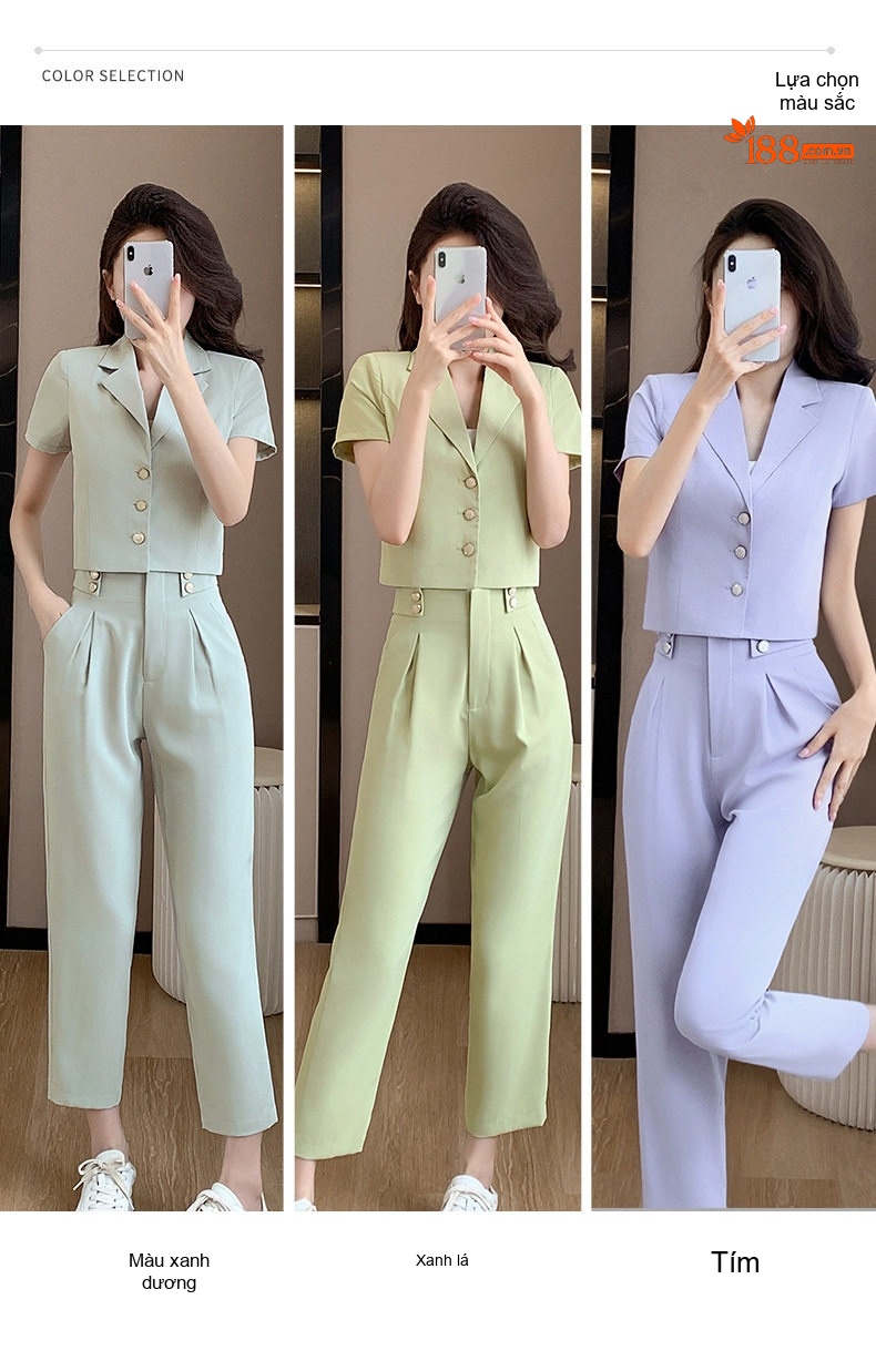 Bộ Vest Công Sở Nữ Tay Ngắn Quần Dài Thanh Lịch Màu Xanh Lá, Tím chi tiết 7