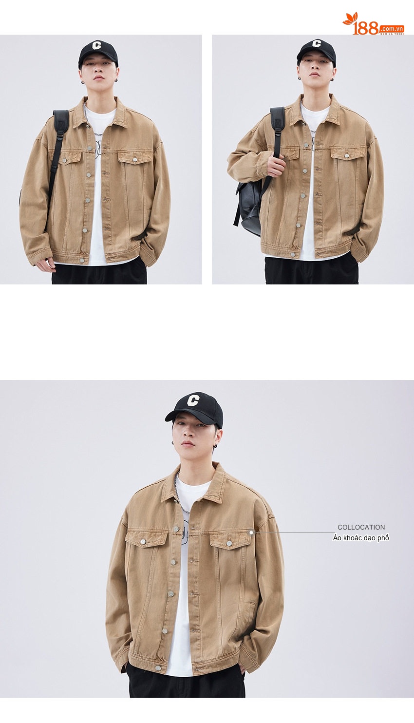 Áo Khoác Jeans Nam Dáng Rộng Phong Cách Retro Màu Hồng, Nâu, Tím, Xanh Lá chi tiết 42
