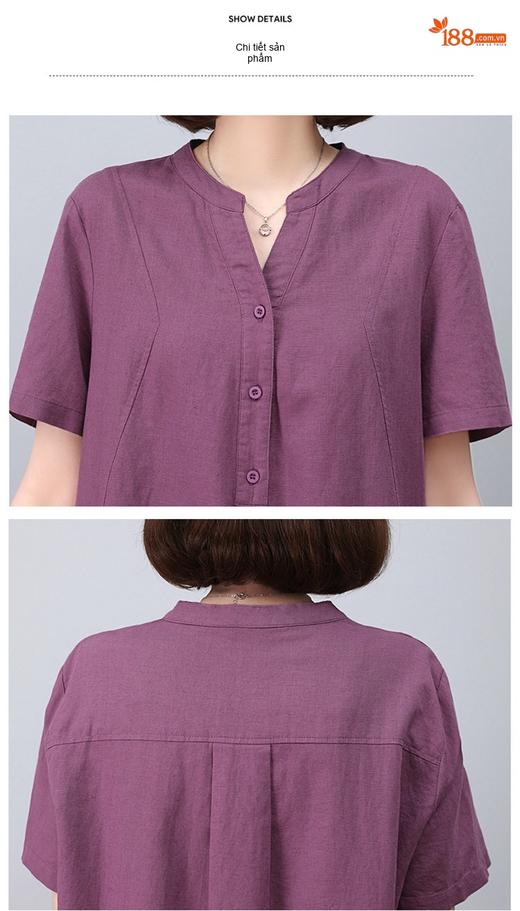 Váy Midi Nữ Cổ chữ V Tay Ngắn Phong Cách Retro Thanh Lịch Cotton Màu Xanh Rêu, Xanh Lá, Tím, Xanh Navy... chi tiết 34