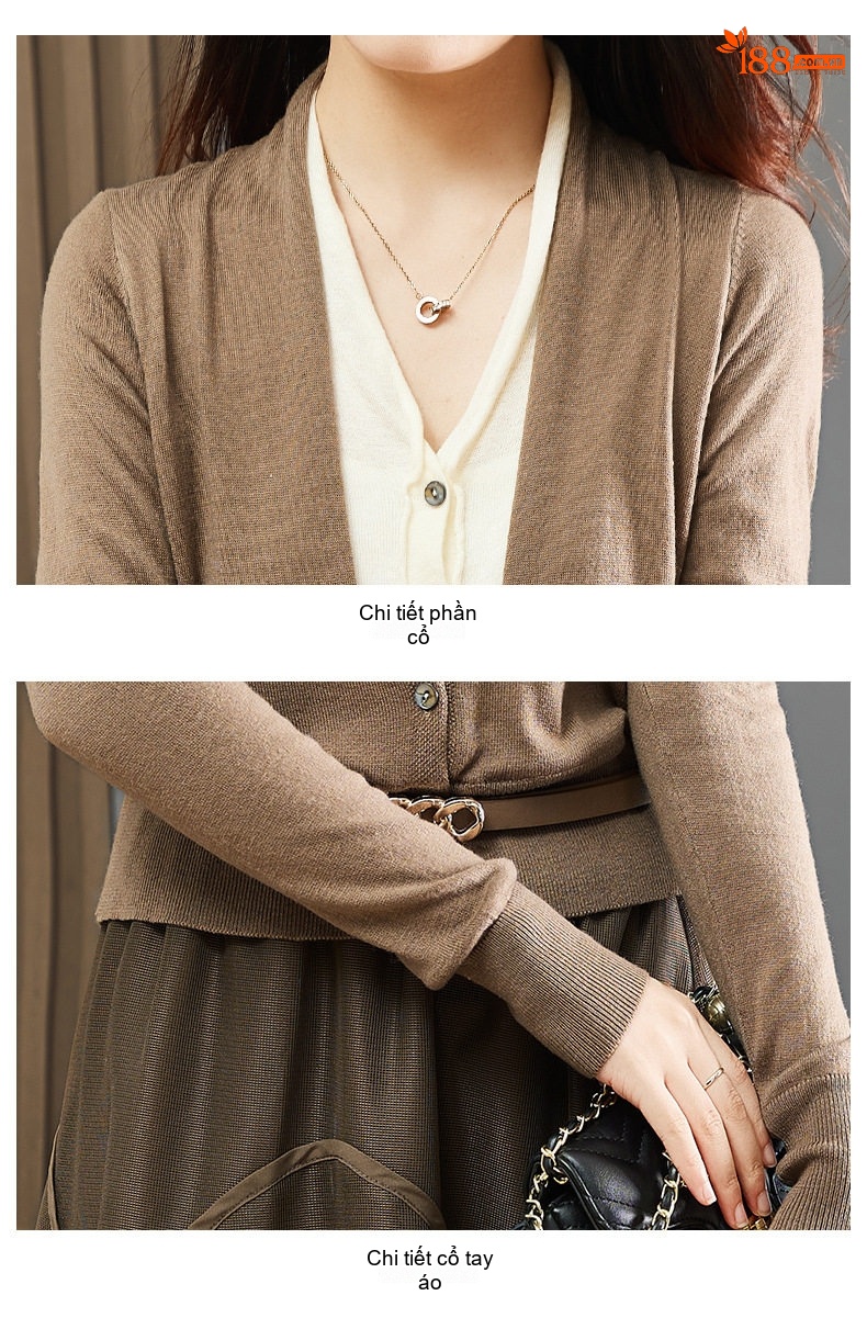 Set Áo Cardigan Dệt Kim và Chân Váy Midi Xòe Phong Cách Thời Trang Thu Đông Màu Nâu, Kem chi tiết 29