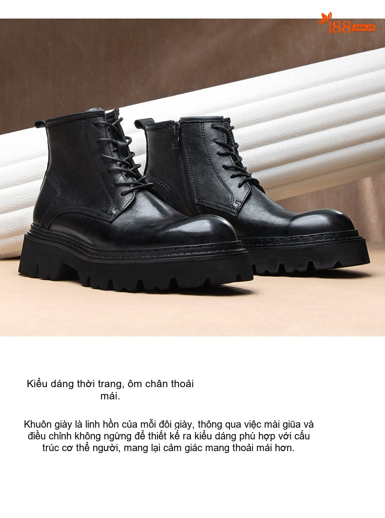 Giày Boot Martin Nam Da Bò Cổ Lửng Khóa Kéo Phong Cách Anh Chiều Cao Đế Khoảng 4cm Màu Nâu, Đen chi tiết 3