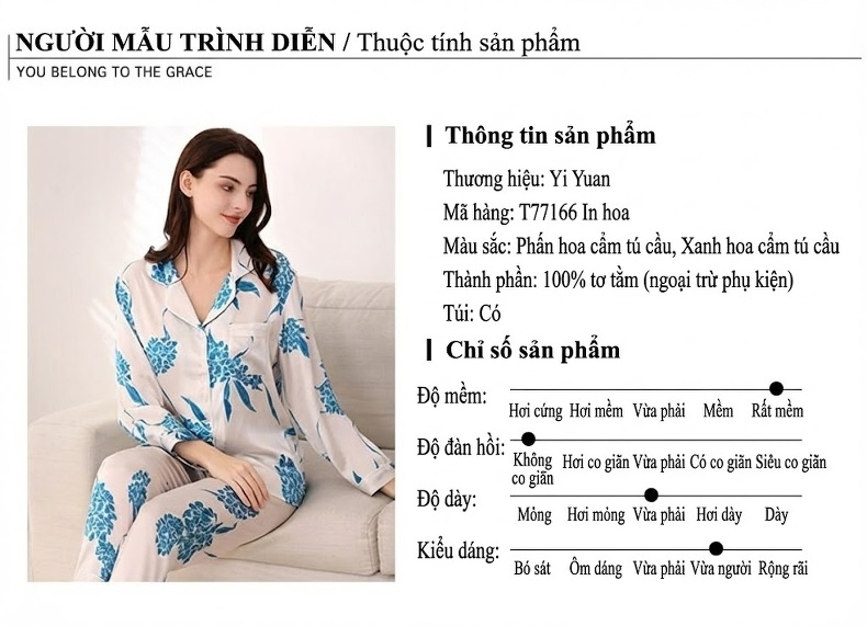 Bộ Đồ Ngủ Nữ Lụa Tơ Tằm 100% Dài Tay In Hoa Mùa Xuân Thu chi tiết 3