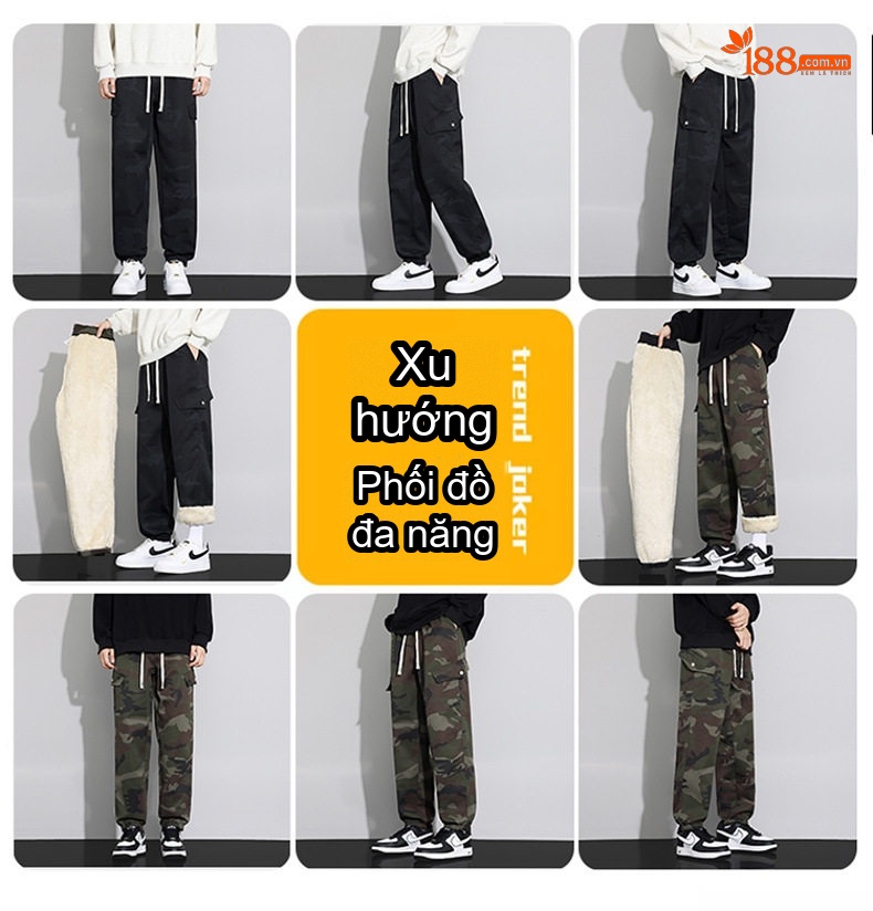 Quần Jogger Nam Lót Lông Cừu Non Dày Dặn Phong Cách Mỹ Ống Bo Chun Màu Rằn Ri, Đen chi tiết 2