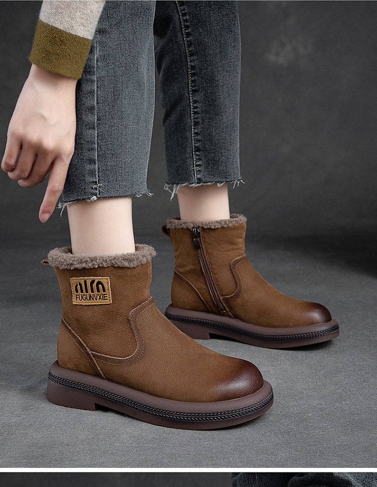 Boot Nữ Ngắn Cổ Lót Lông Giữ Ấm Mùa Đông Chiều Cao Đế Khoảng 3cm Màu Nâu chi tiết 9