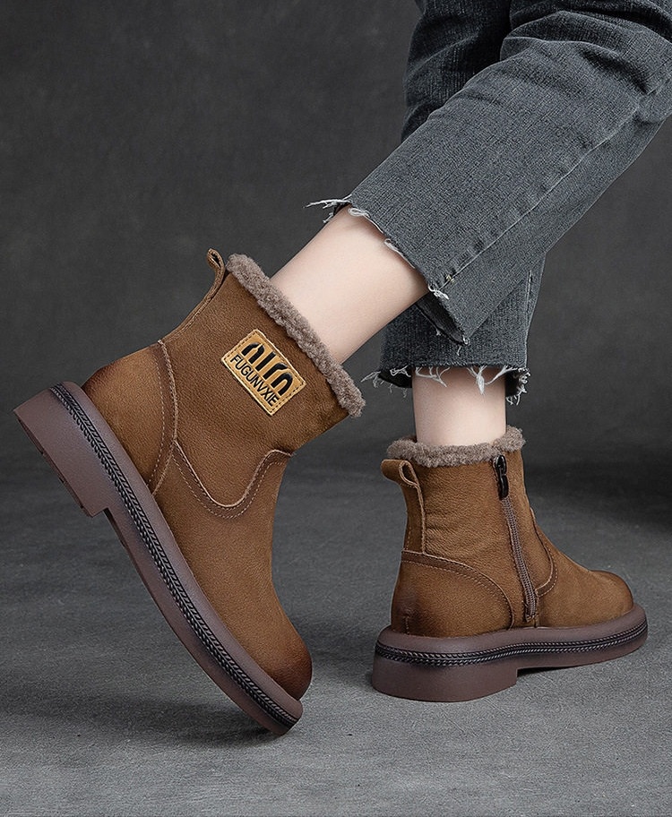 Boot Nữ Ngắn Cổ Lót Lông Giữ Ấm Mùa Đông Chiều Cao Đế Khoảng 3cm Màu Nâu chi tiết 10