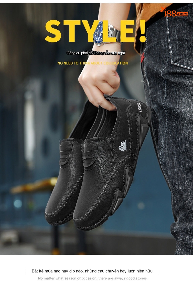 Giày Lười Nam Da Mờ Thoáng Khí Chống Trượt Chiều Cao Đế Khoảng 3cm Màu Kem, Đen, Nâu, Xám chi tiết 31