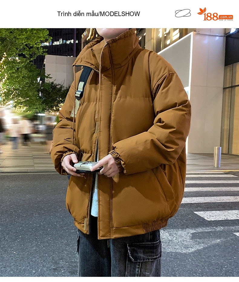 Áo Khoác Phao Nam Nữ Cổ Đứng Size Lớn M-8XL Lót Cotton Dày Dặn Màu Đen, Nâu, Xám, Trắng... chi tiết 8