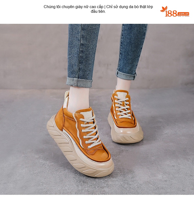 Giày Cao Cổ Nữ Da Bò Buộc Dây Chiều Cao Đế Khoảng 5cm Màu Nâu, Vàng chi tiết 2