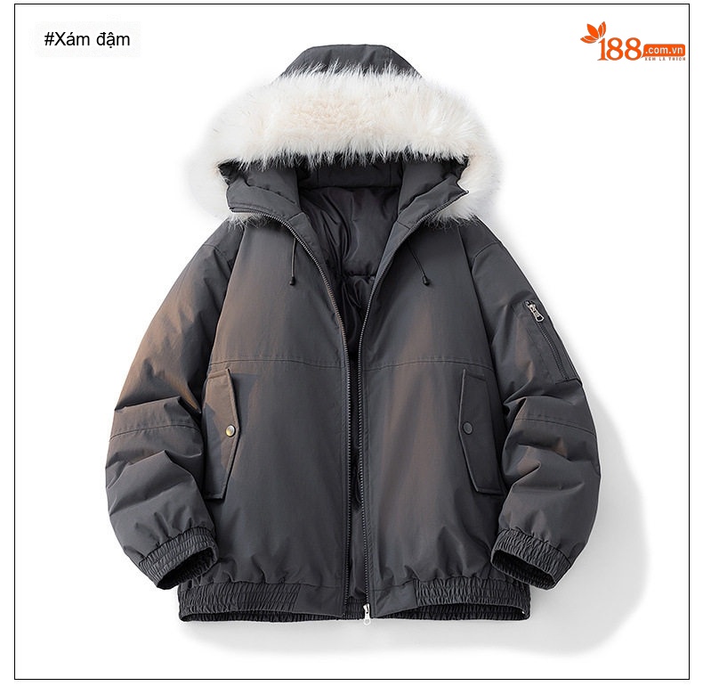 Áo Khoác Parka Nam Nữ Cotton Lót Lông Cừu Giả Cổ Điển Mũ Trùm Đầu Màu Xám, Đen, Trắng, Xanh... chi tiết 11
