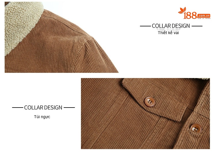 Áo Khoác Bông Nam Cotton Gân Tăm Lót Lông Cổ Tay Ngắn Màu Nâu, Đen, Xám chi tiết 14