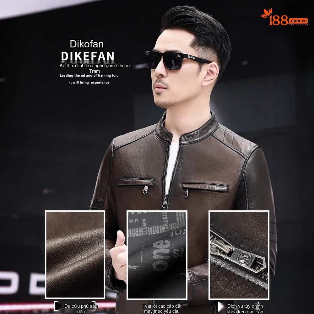Áo Khoác Da Cừu Nam Dáng Ngắn Cổ Trụ Phong Cách Biker Màu Nâu