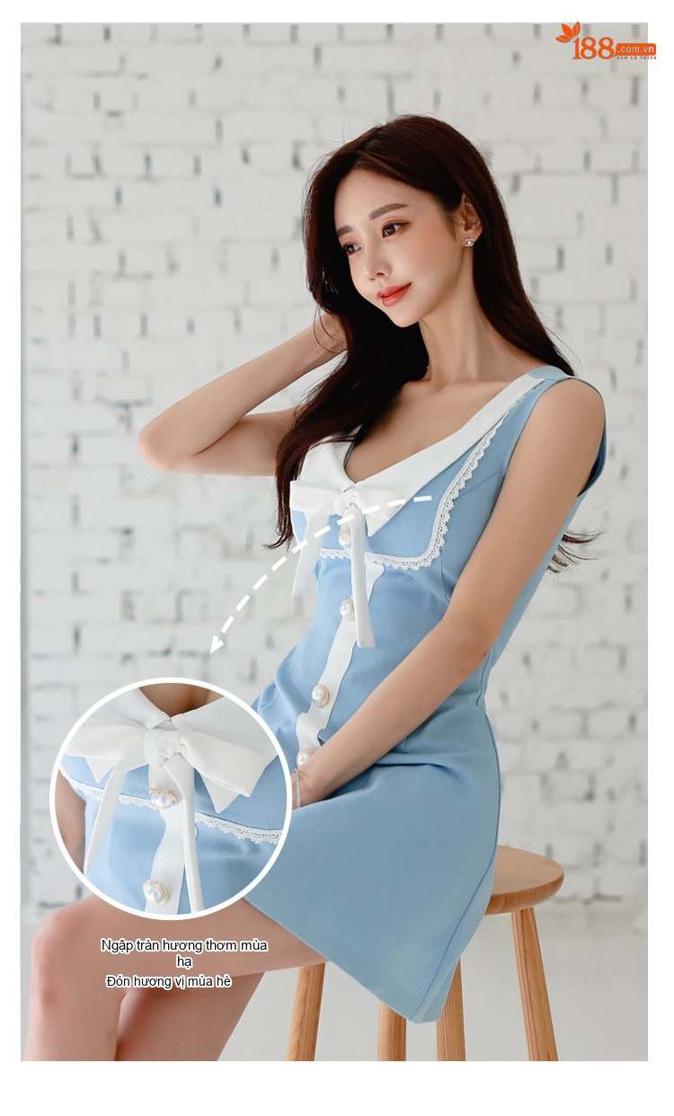 Váy liền thân Nữ dáng chữ A V Cổ Thanh Lịch Màu Xanh, Trắng chi tiết 13