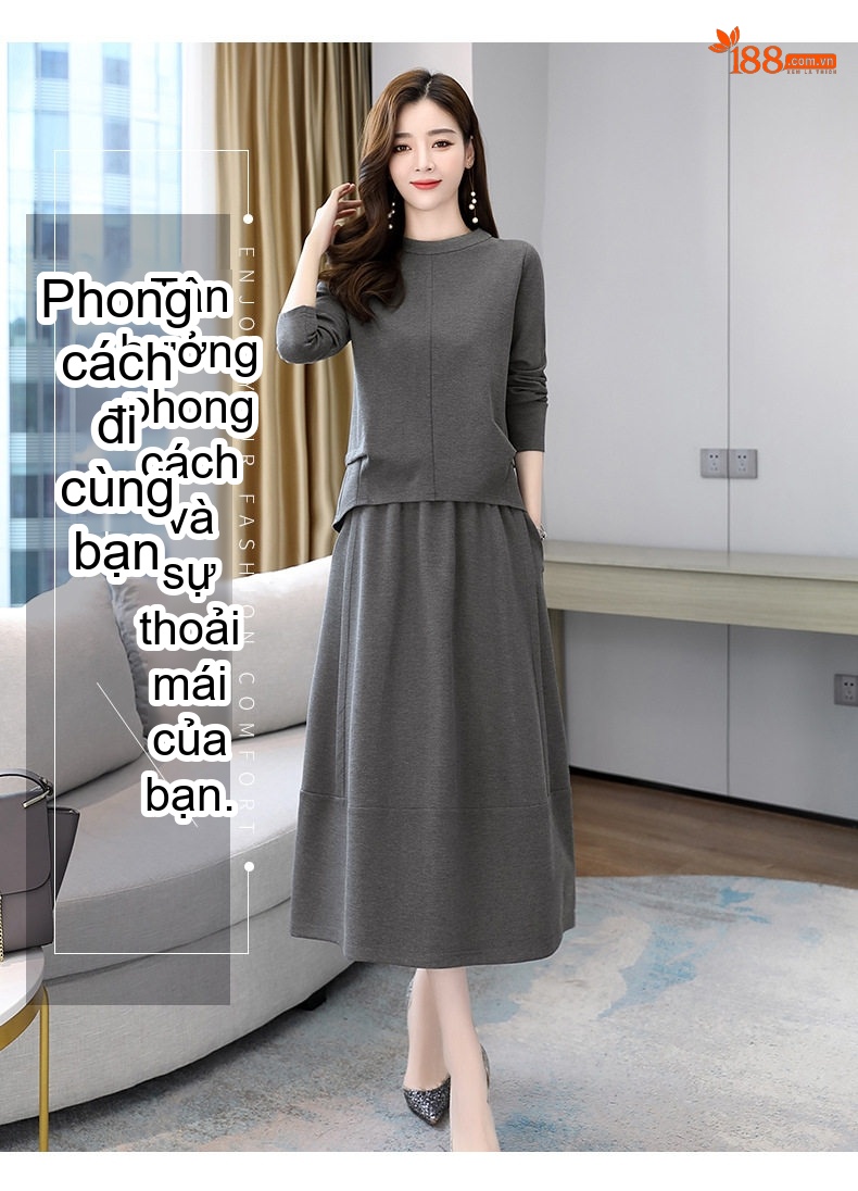 Váy Dài Tay Nữ Bộ Hai Món Phong Cách Quý Cô Màu Xám, Nâu, Đen, Xanh Navy chi tiết 7