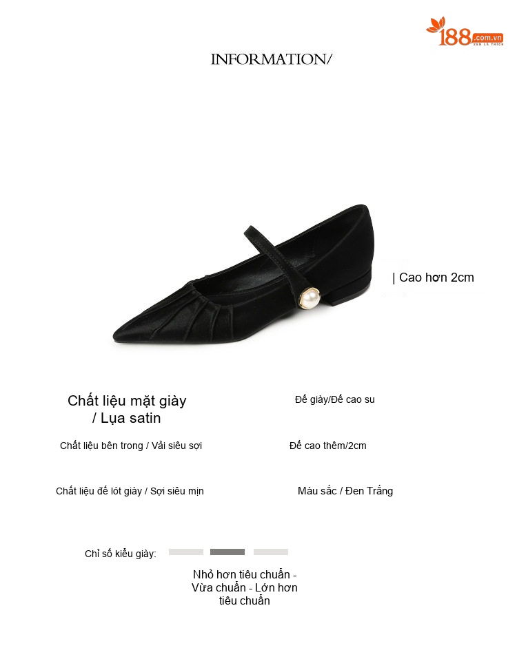 Giày Búp Bê Nữ Mũi Nhọn Quai Ngang Chi Tiết Nhún Bèo Chiều Cao Đế Khoảng 3cm Màu Trắng, Đen chi tiết 2
