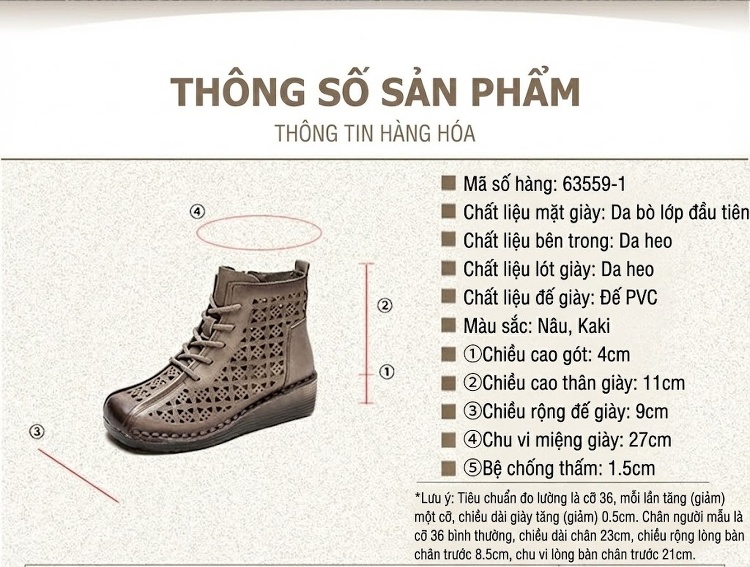 Boot Nữ Cổ Cao Da Mờ Khoét Lỗ Thoáng Khí Chiều Cao Đế Khoảng 4cm Màu Nâu, Xám chi tiết 2
