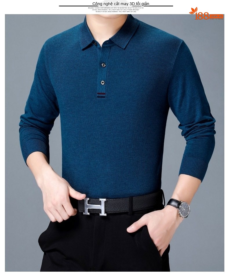 Áo Thun Polo Nam Dài Tay Dệt Kim Cashmere Phong Cách Doanh Nhân Màu Đỏ Rượu, Xám, Xanh Dương, Xanh Lá... chi tiết 12