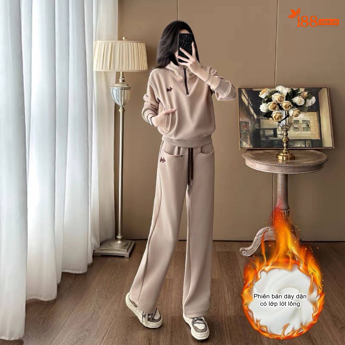 Bộ Đồ Thu Đông Nữ Áo Hoodie Quần Ống Rộng Phong Cách Hàn Quốc Màu Nâu, Be