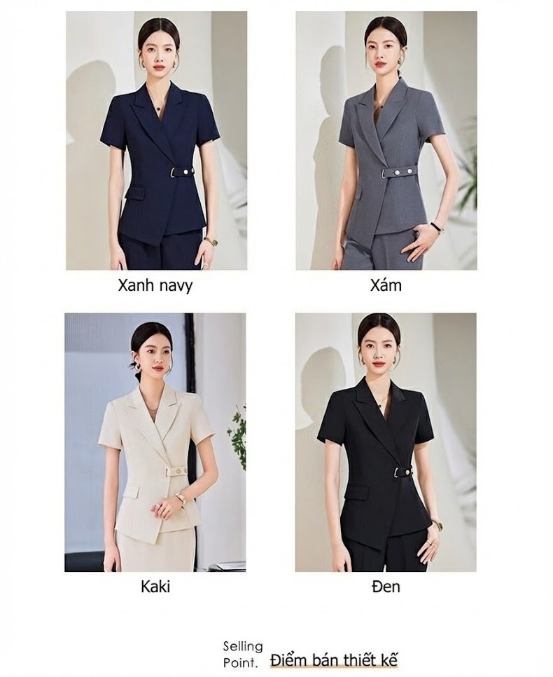 Bộ Vest Nữ Tay Ngắn Quần Dài Công Sở Thanh Lịch Màu Xám, Kem, Đen, Xanh Navy chi tiết 8