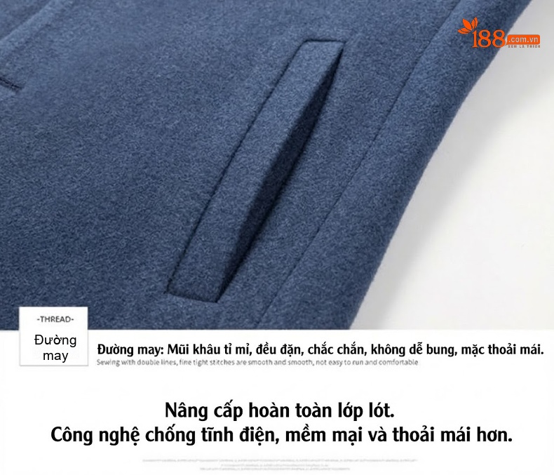 Áo Khoác Dạ Nam Trung Dài Tay Dài Cúc Bấm Cao Cấp Màu Xanh, Nâu, Đen chi tiết 7