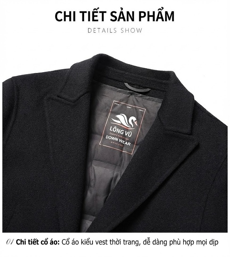 Áo Khoác Dạ Nam 100% Lông Cừu Dáng Dài Vừa Có Lớp Lót Lông Vũ Màu Đen chi tiết 33